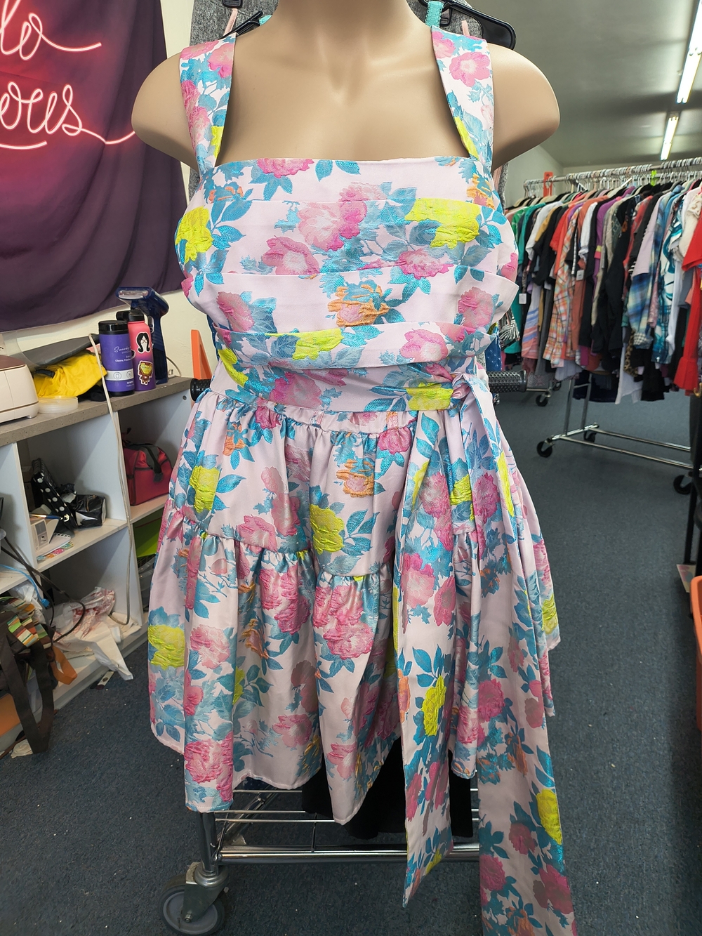 ASOS Curve Lux Pink Floral Mini Dress with Blue & Yellow Accents 12 L